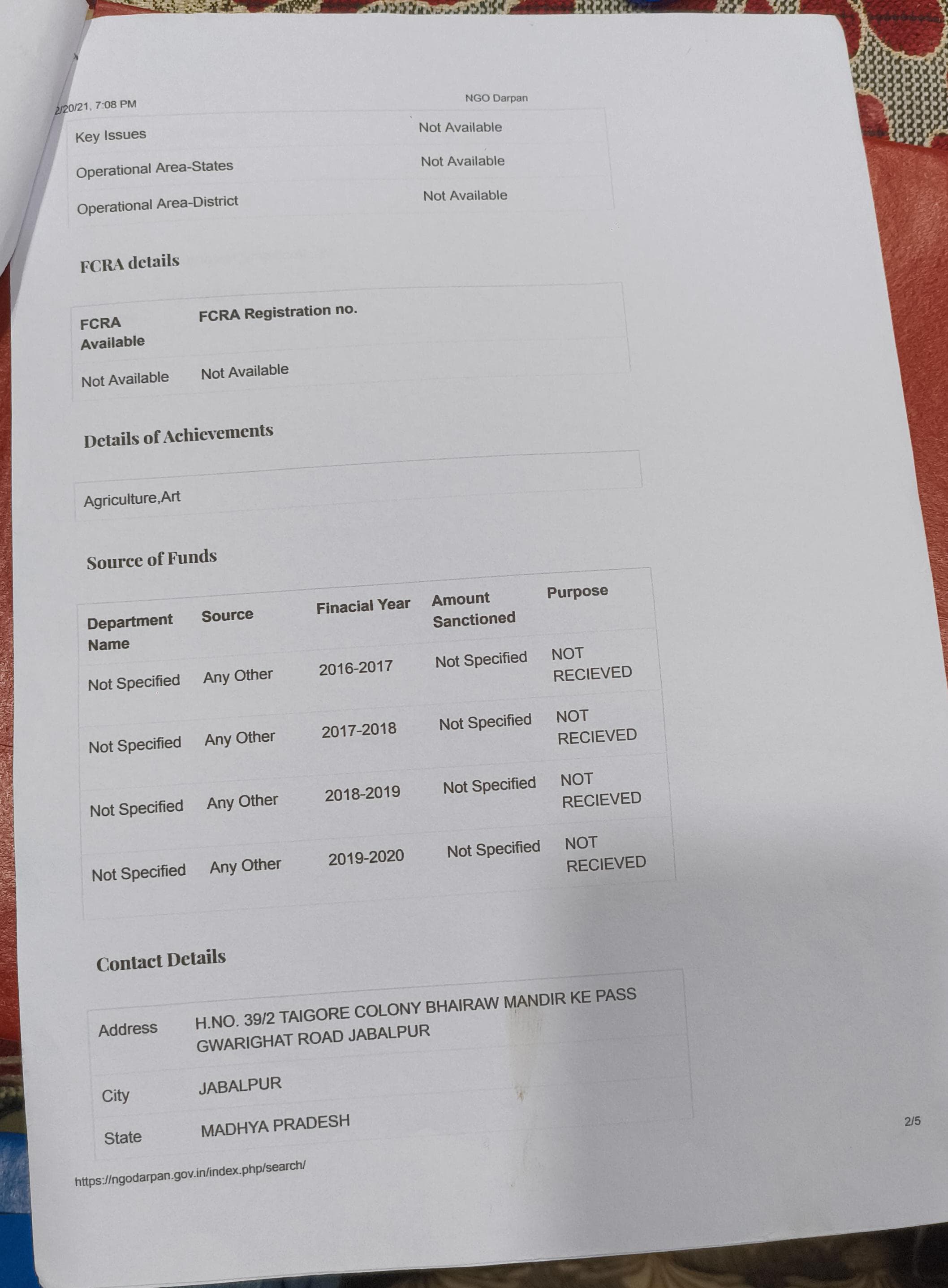 NGO Darpan Operational & Registered Office Disclosure