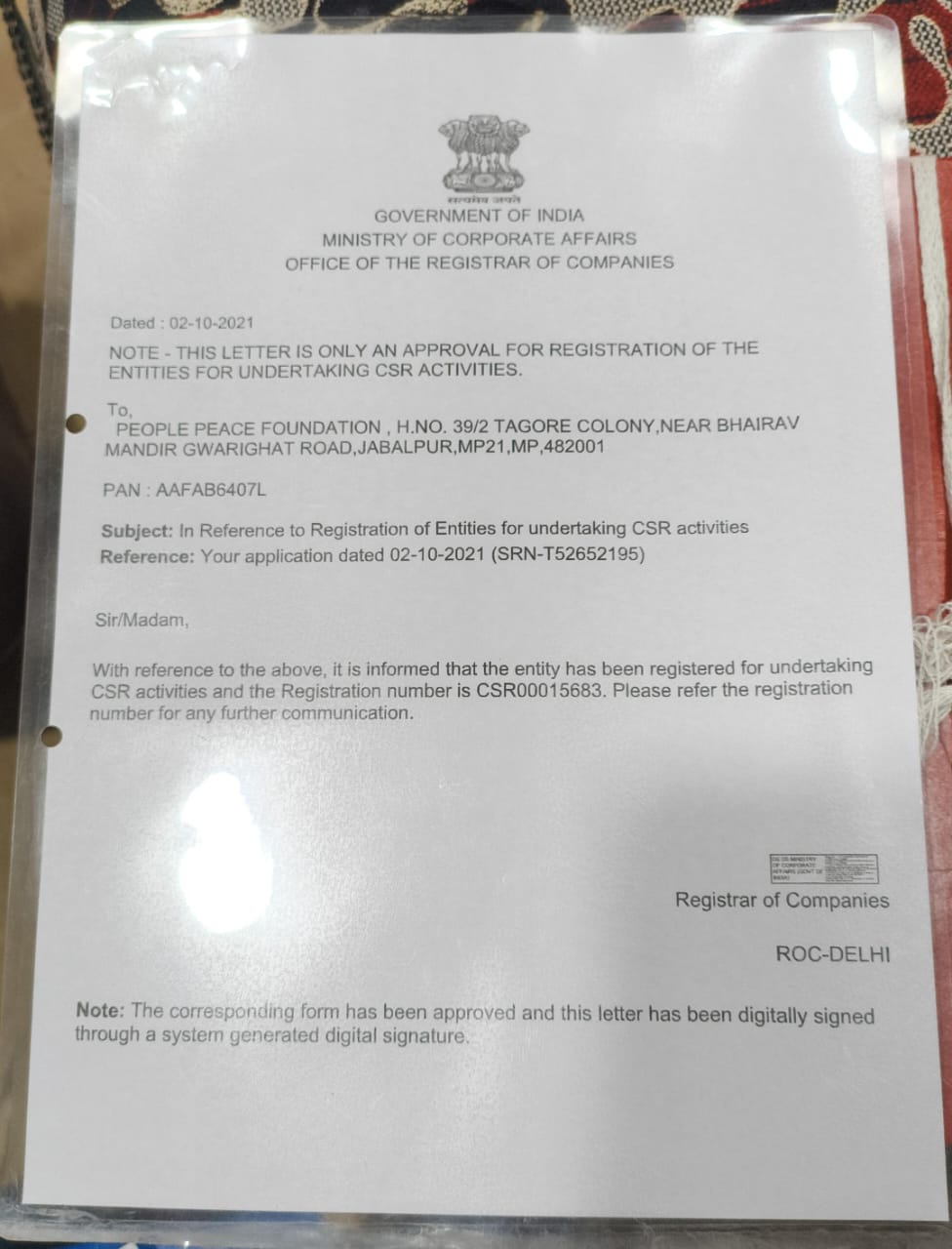Ministry of Corporate Affairs CSR Registration Certificate